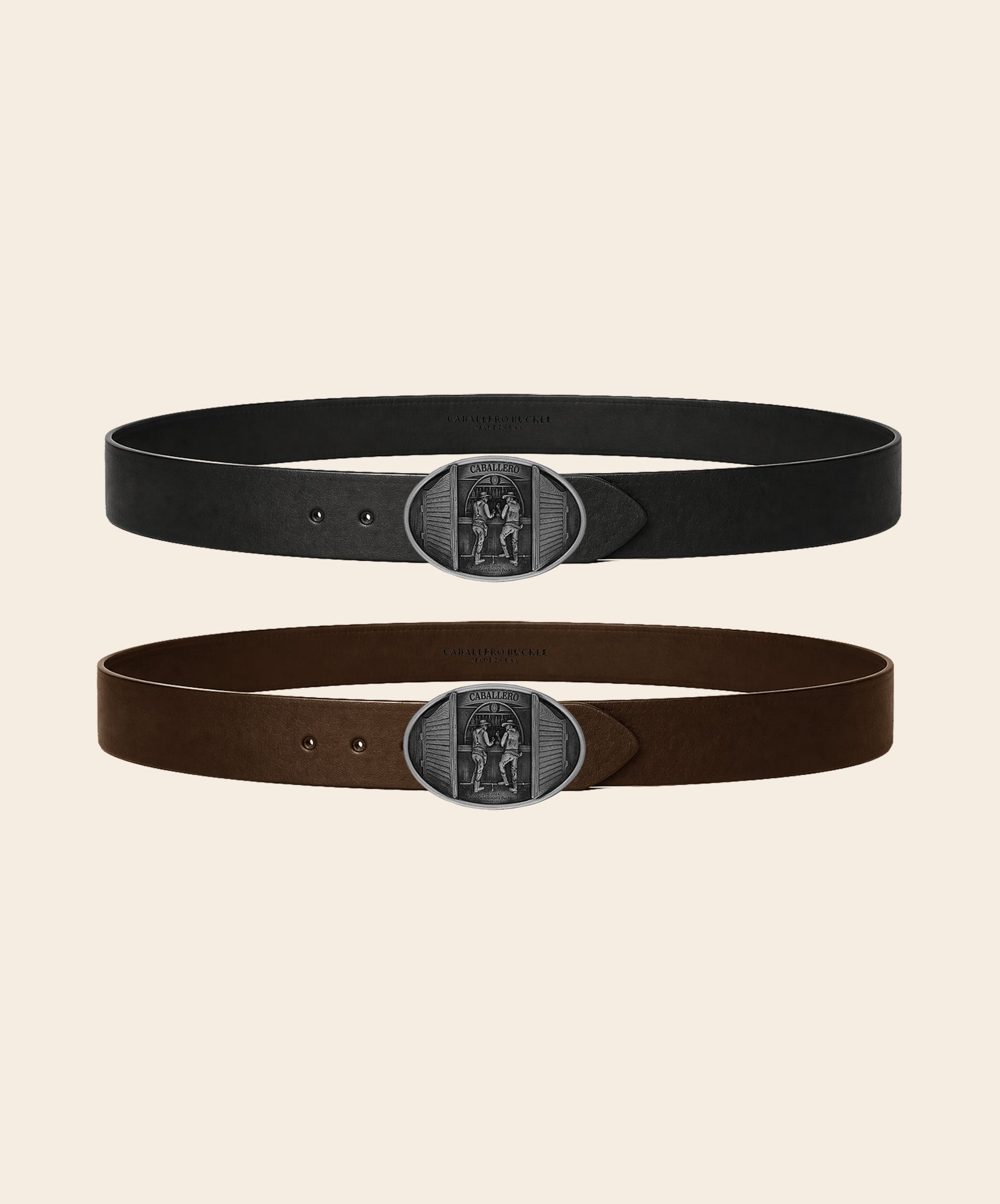 Caballero Classic Belt in black and brown leather, paired with the Bar Buckle in solid pewter.