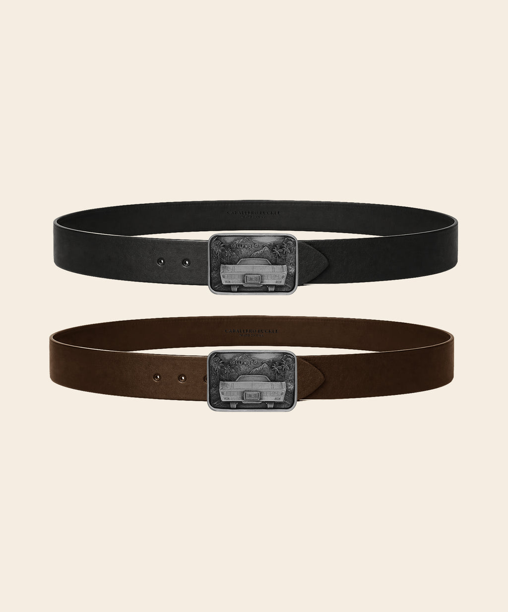 Caballero Classic Belt in black and brown leather, paired with the Hollywood Buckle in solid pewter.