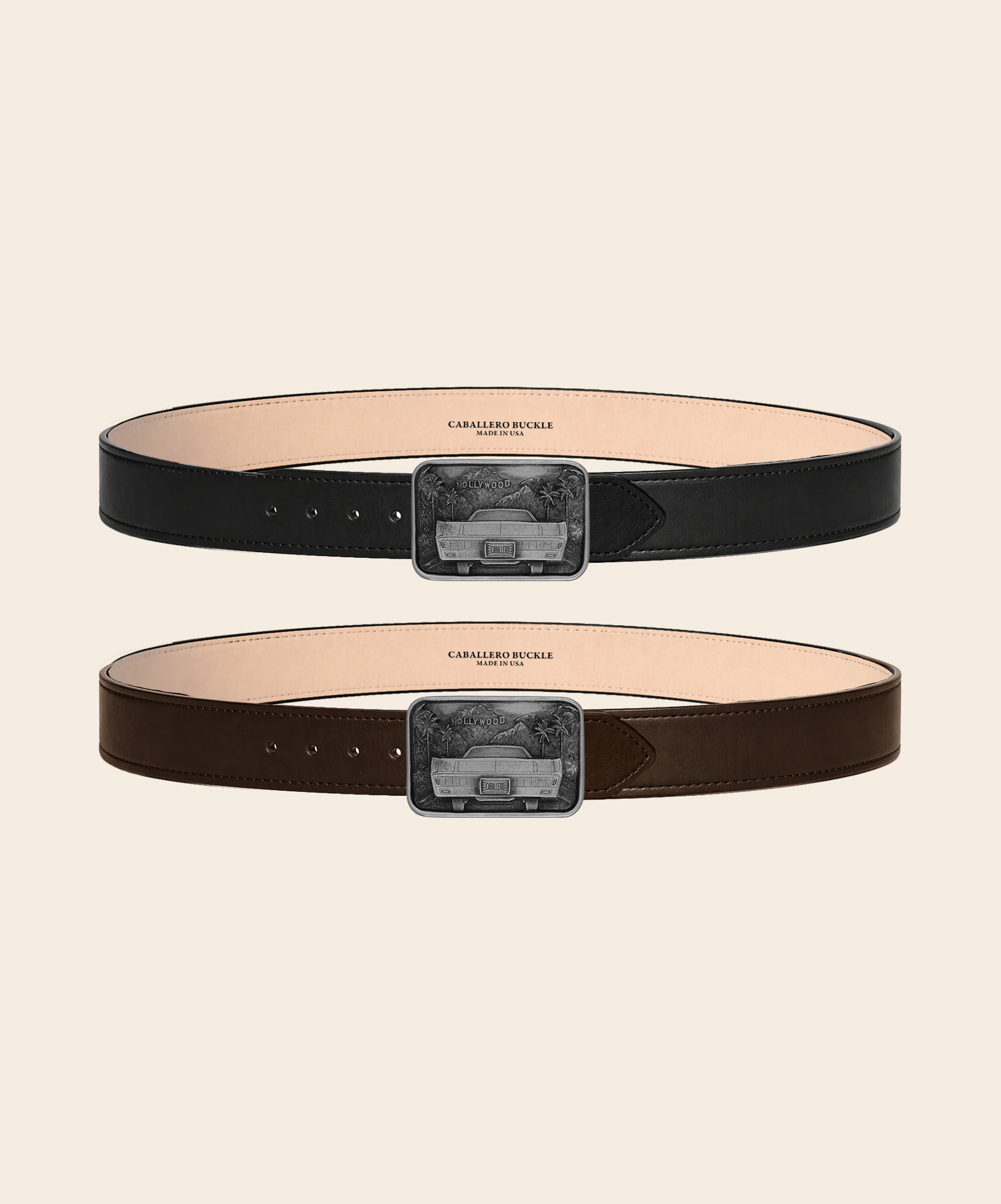 Stitched Belt in black and brown paired with Hollywood Buckle