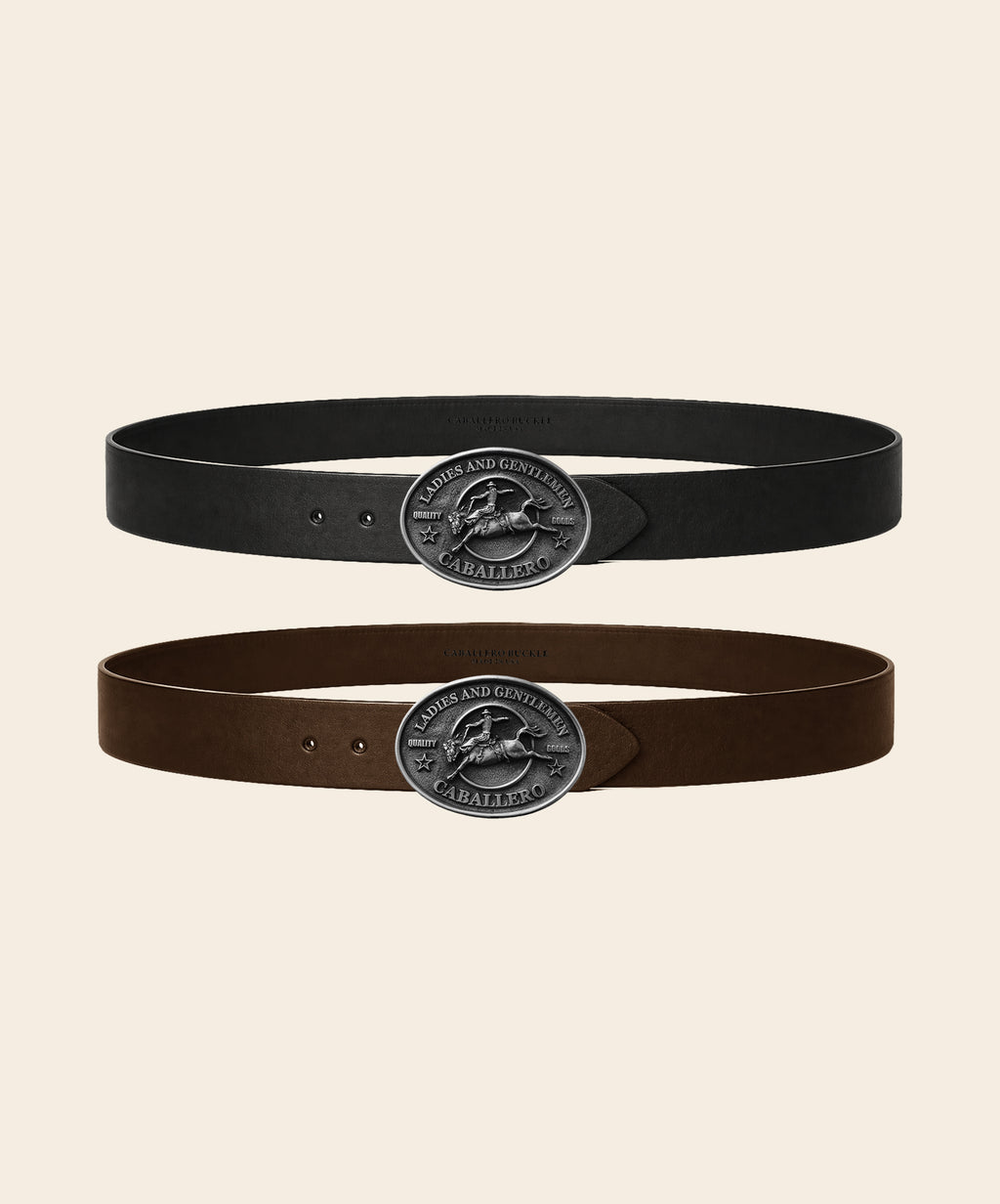 Caballero Classic Belt in black and brown leather, paired with the Rodeo Buckle in solid pewter.