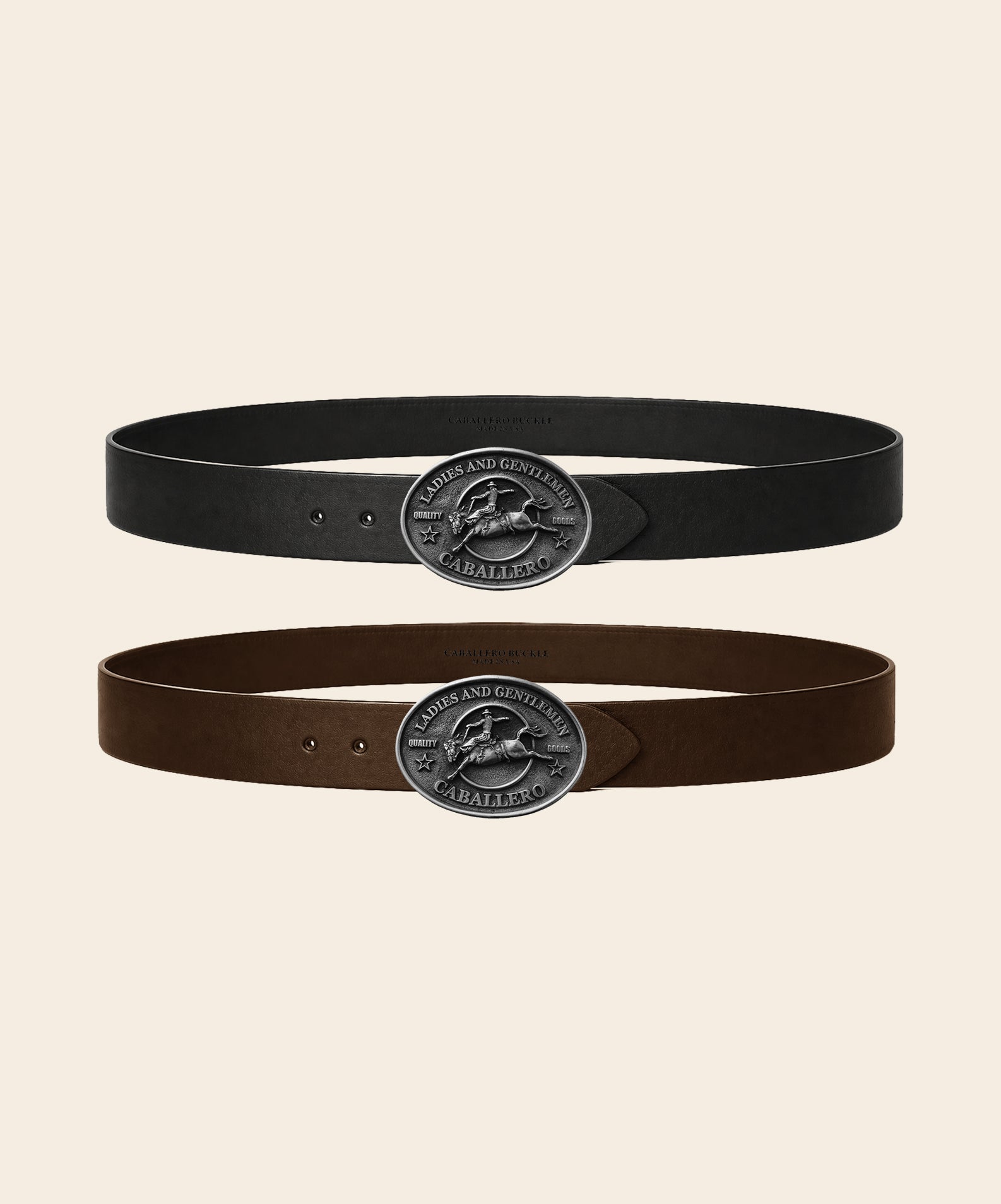 Caballero Classic Belt in black and brown leather, paired with the Rodeo Buckle in solid pewter.