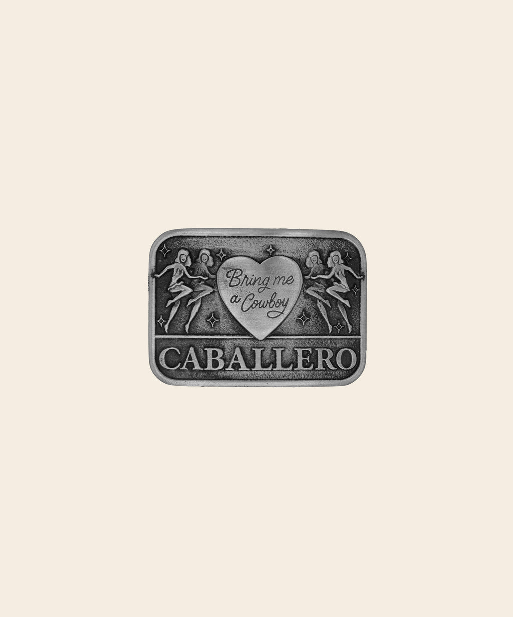 Front face of Bring Me A Cowboy Buckle in solid pewter