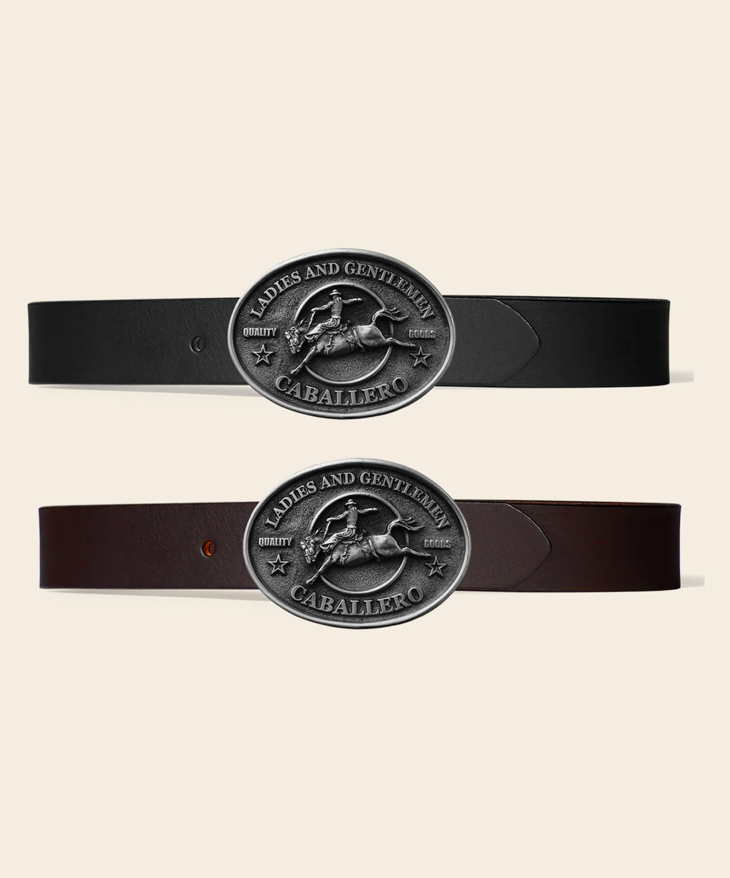 Caballero Classic Belt in black and brown leather, paired with the Rodeo Buckle in solid pewter.