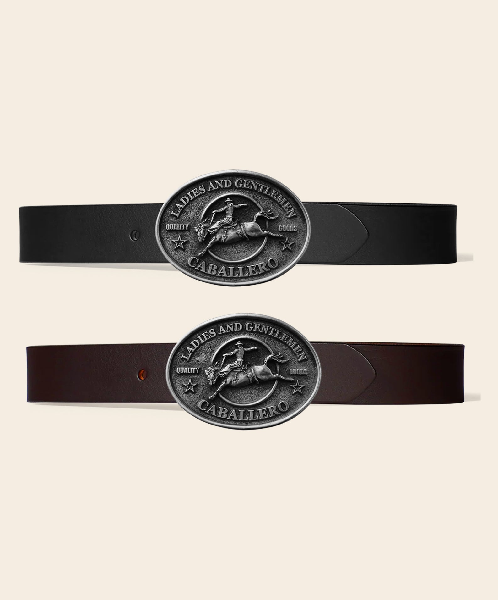 Caballero Classic Belt in black and brown leather, paired with the Rodeo Buckle in solid pewter.