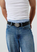 The Sheriff buckle worn by male model, lifestyle photo