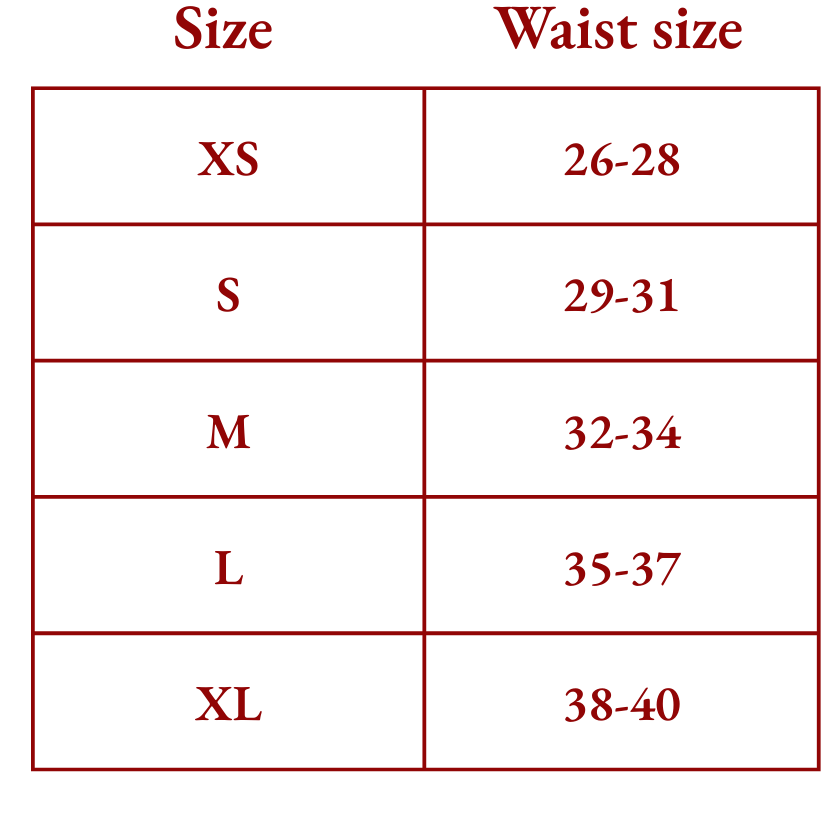 Size chart for waist measurements 