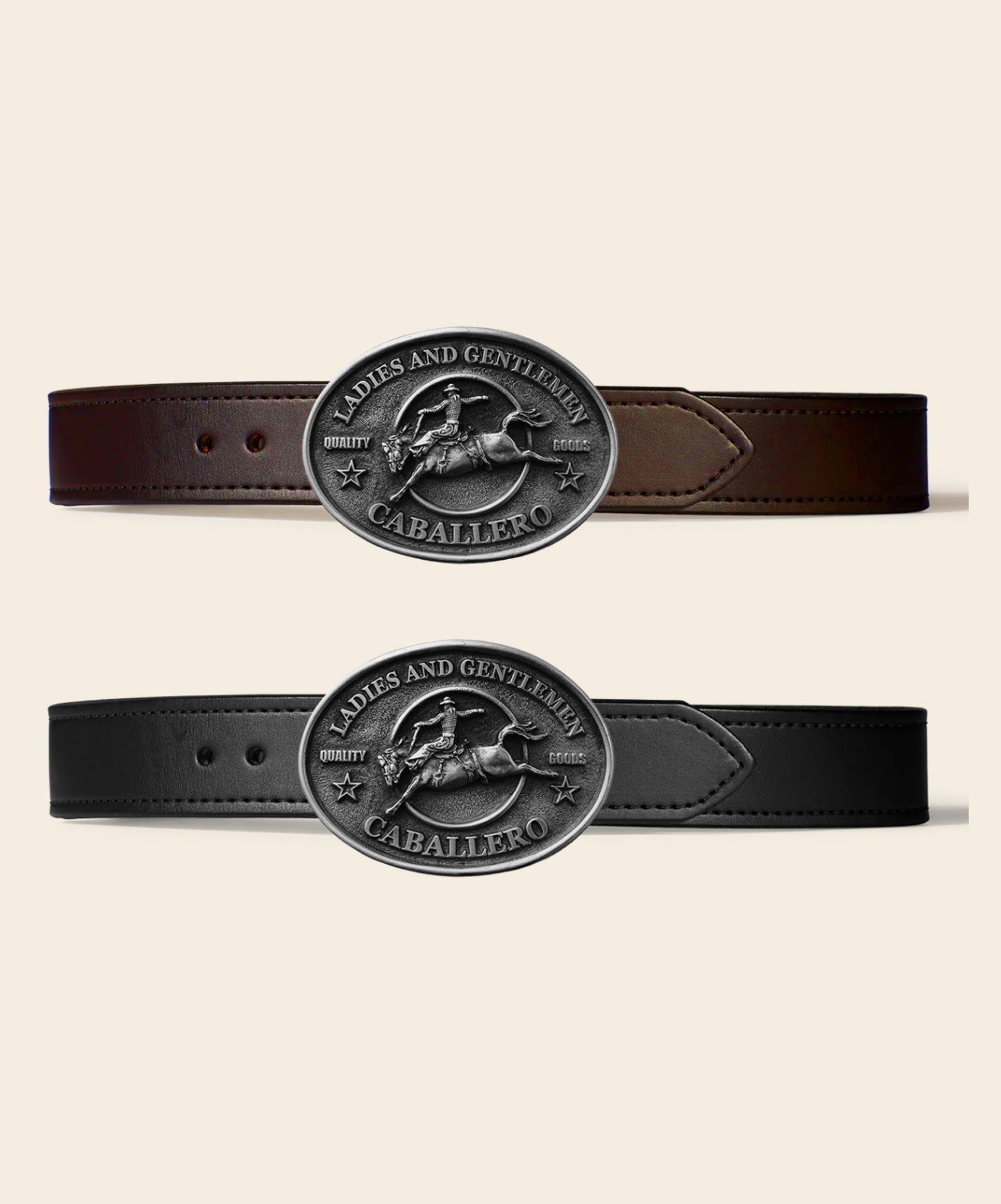 Caballero Stitched Belt in black and brown leather, paired with the Rodeo Buckle in solid pewter.