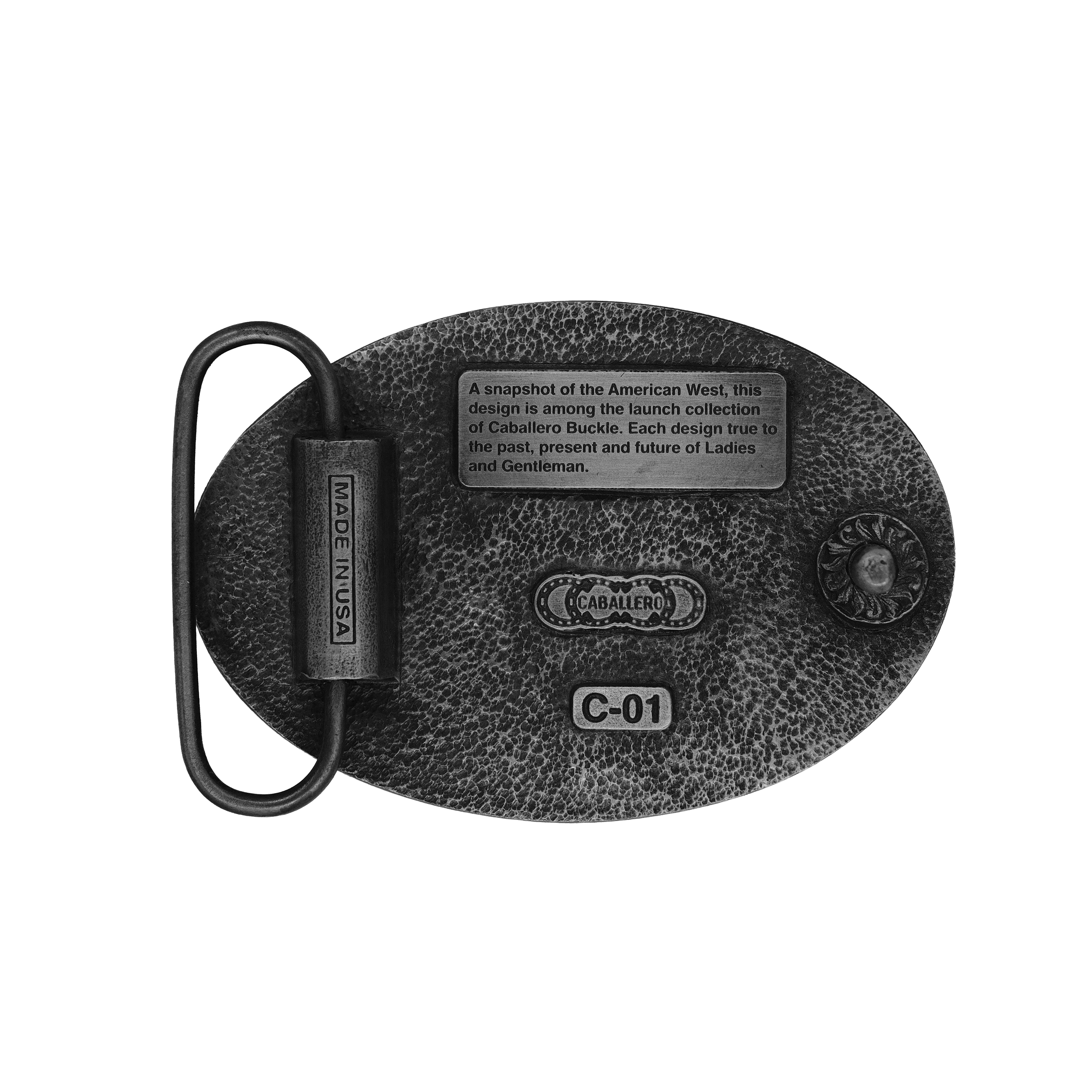 Back of pewter belt buckle showing hardware and maker marks