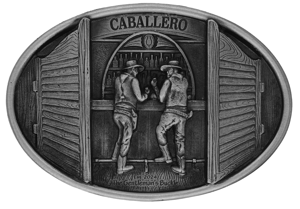 Pewter belt buckle with saloon scene in raised relief 