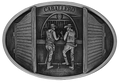 Pewter belt buckle with saloon scene in raised relief 