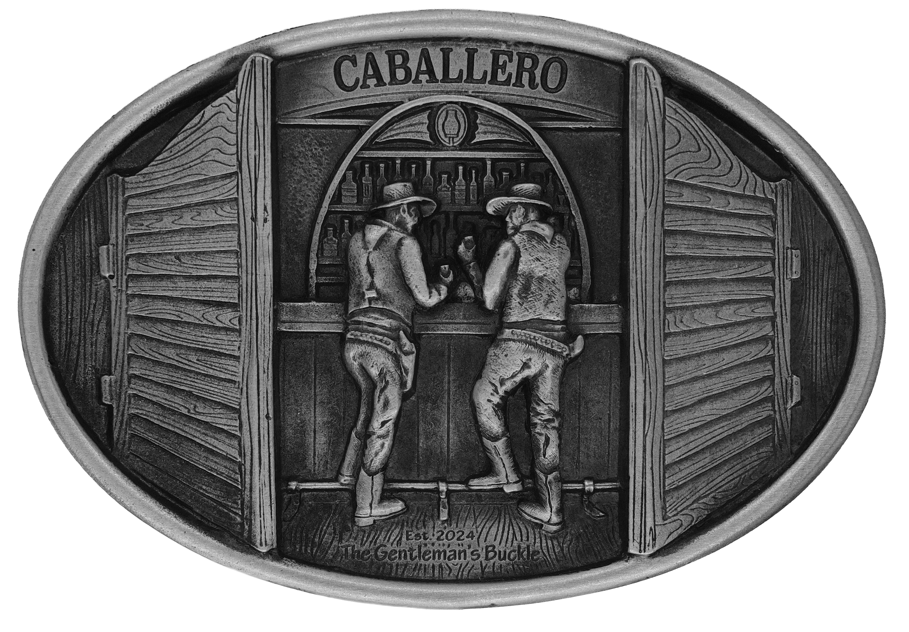 Pewter belt buckle with saloon scene in raised relief 