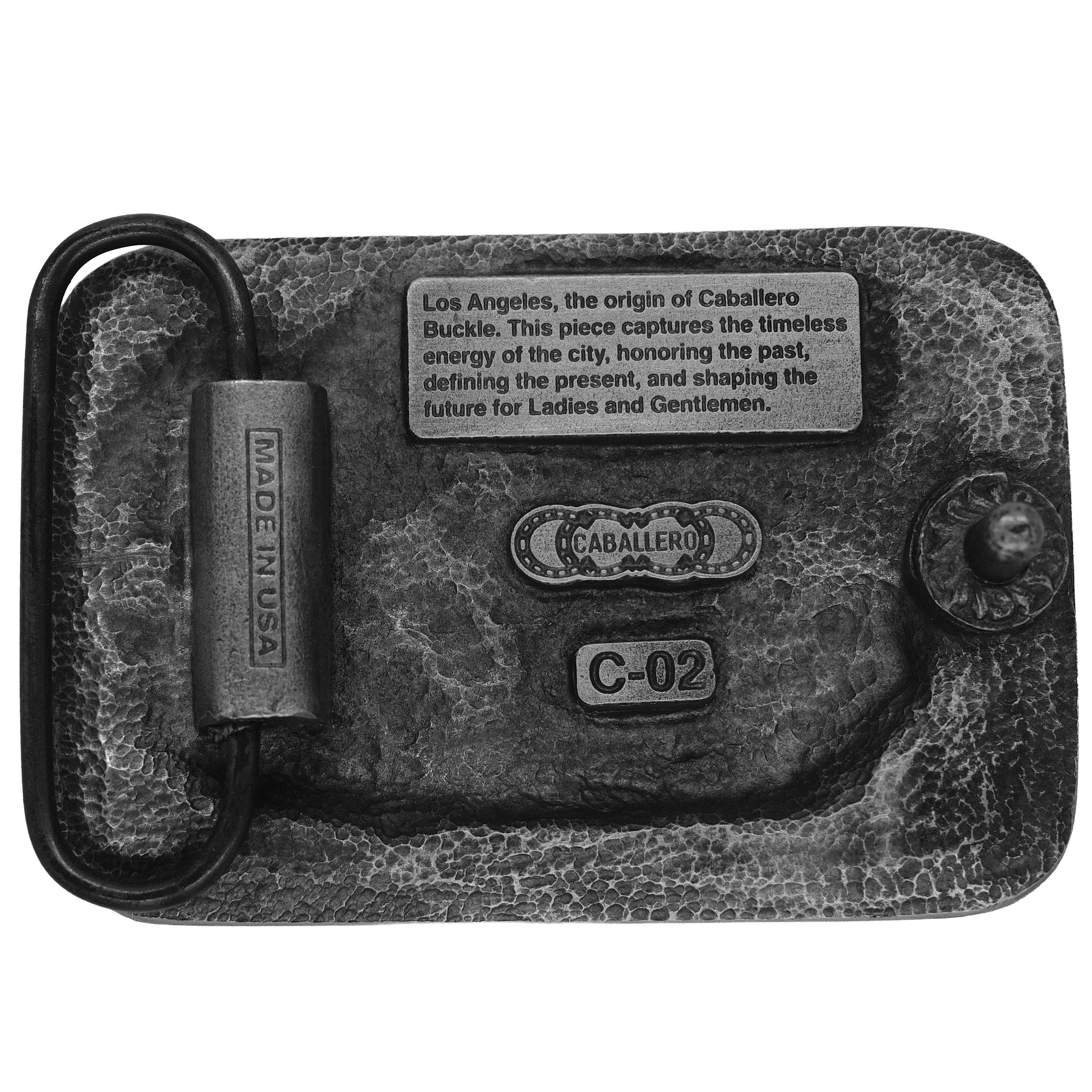 Back of pewter belt buckle showing hardware and maker marks