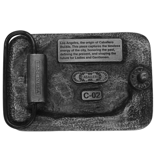 Back of pewter belt buckle showing hardware and maker marks