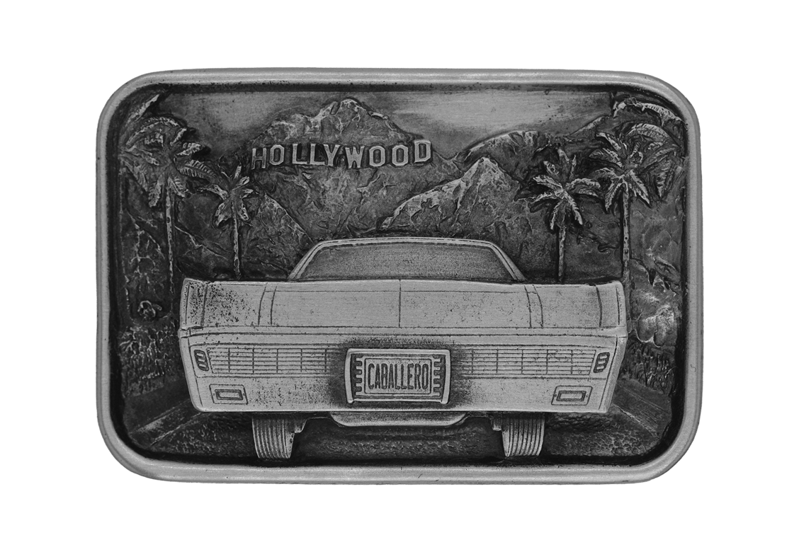 Pewter belt buckle with Hollywood car scene in raised relief