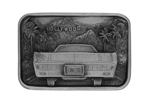 Pewter belt buckle with Hollywood car scene in raised relief