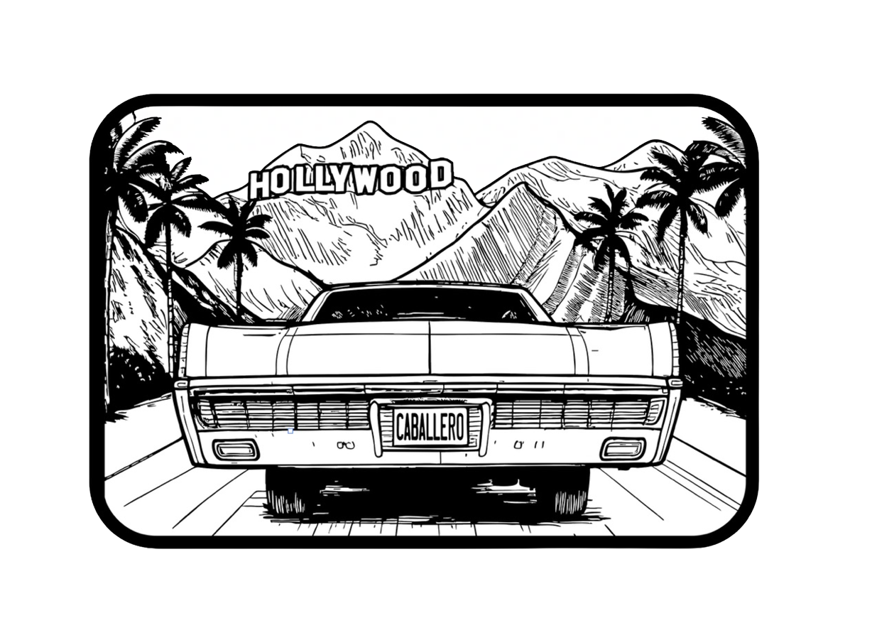 Black and white sketch of a belt buckle depicting a vintage car with 'Hollywood' on the mountains, and palm trees.